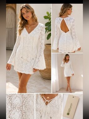 NWT AppleGreen by Hidden Label White Crochet Lace Bell Sleeve Mini Dress Size 4